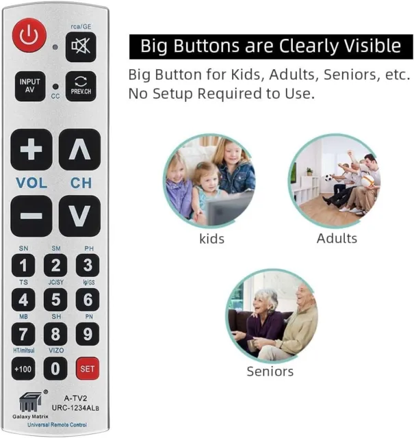 Universal TV Remote Control. Simple Easy Controller Seniors Elderly Big Buttons 3