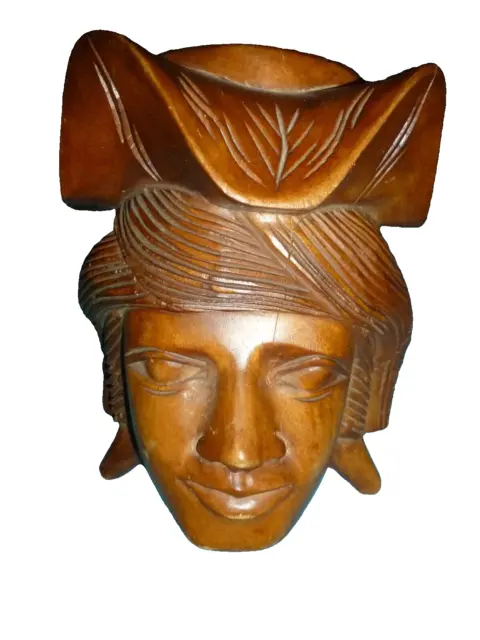 Vintage Hand-Carved Wood Face Head Vase 12" tall Sculpture Figuirine Carving