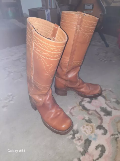 Vintage 1970s Frye Campus Cuff Knee High Tall Pull On Boots Sz 7.5 Camel Tan