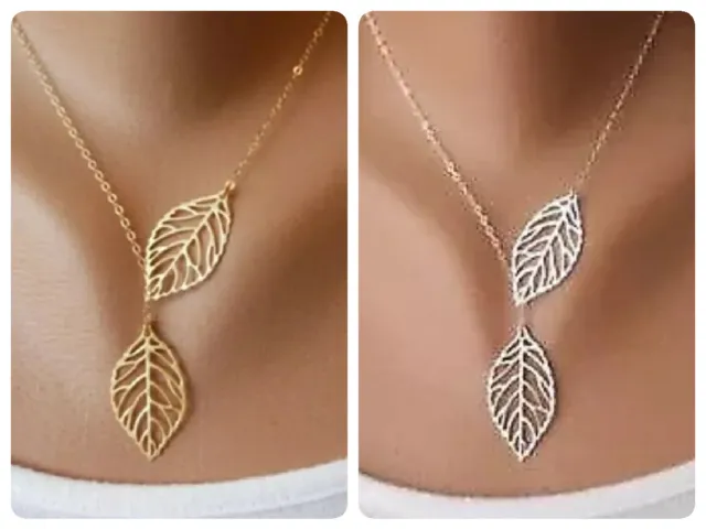 Double Leaf Pendant Necklace In Gold & Silver With Extender Chain Ladies Gift