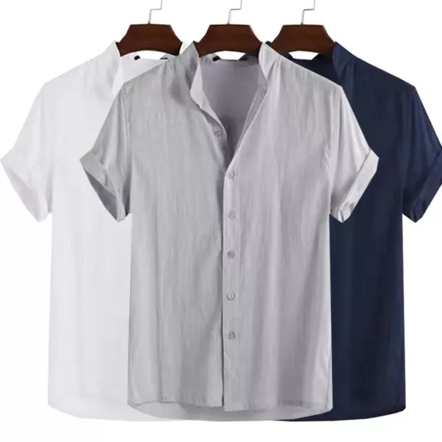 Mens Cotton Linen Summer Solid Beach Shirts Casual Loose Short Sleeve Blouse Top