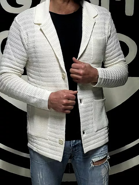 Cardigan Uomo Cotone Blazer Giacca Lavorata A  Maglia Slim Fit  Made In Italy