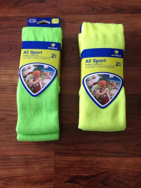 NEW Women's All Sport Socks - 2 pair -  Large 10 - 12.5  - Green Yellow