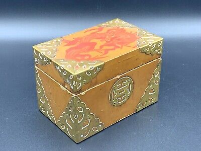 Antiques Japanese Lacquer Playing Card Box Red Dragon Design Brass Mounting