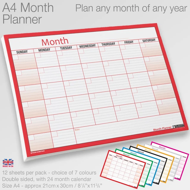 MONTH PLANNER DESK / Wall A4 Monthly Planner Double Sided inc. 4 year