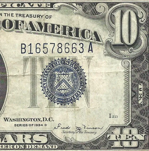 1934B $10 SILVER Certificate! ~VINSON~ Only 337,740 Printed! Old US Paper Money!