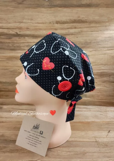 Medical Stethoscope & Heart~ Women Tieback Lined Surgical Scrub Cap with Buttons