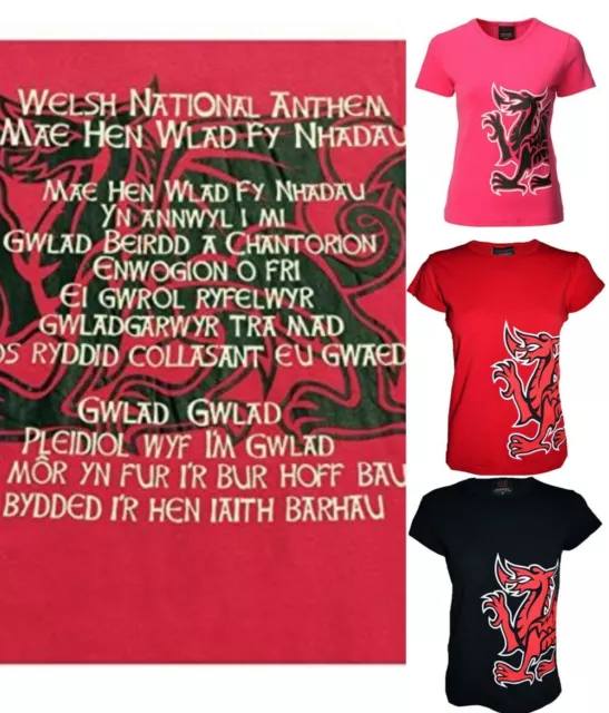 New Ladies Girls Welsh Wales Cymru Dragon National Anthem Skinny Fit T Shirt Top
