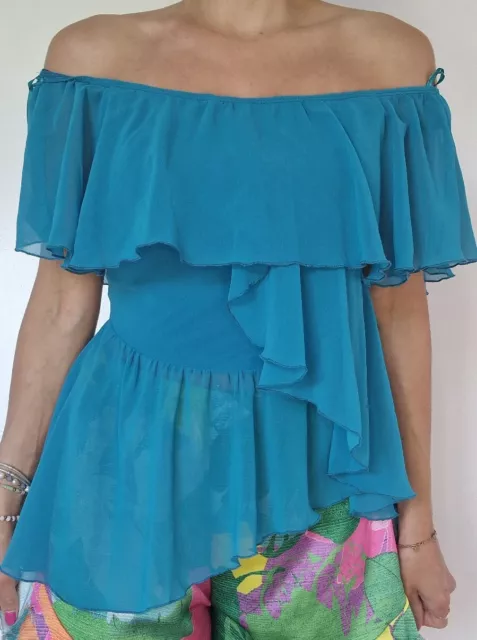 Bardot Frill Ruffle Teal Top Peplum Hem Elasticated Top Size Small 8 10 12 NEW