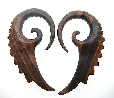PAIR OF ORNATE SONO WOOD 2g (6MM) 2" 1/2 INCH LONG FEATHER TALONS PLUGS SPIRALS