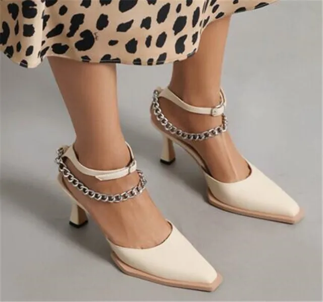 Women Pumps Chain Strap Pump Kitten Heels Pointy Toe Wedding Shoes Size Sandals