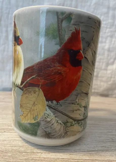 James Hautman Red & Gold Cardinal Birds Pair on Trees Leaves Coffee Tea Mug Cup