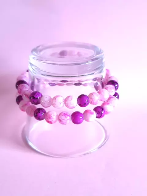 Sweet Pink Patterned Glass Bead Elastic Handmade Bracelets