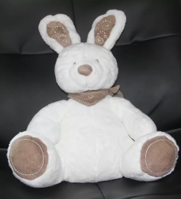 Doudou Peluche Grand Lapin Blanc Bandana Marron Taupe Nicotoy  Etat Neuf