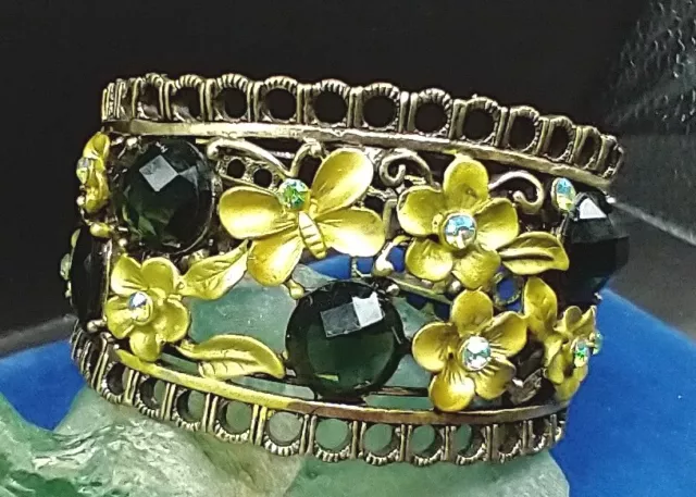 Vintage YUHONG Green Floral Rhinestone Butterfly CZ's Cuff Bracelet Art Nouveau 3
