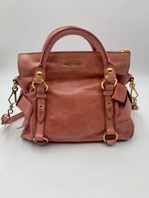 Auth Miu Miu Vitello Lux Medium Pink Calfskin Metallic Sheen Bow Preloved Bag