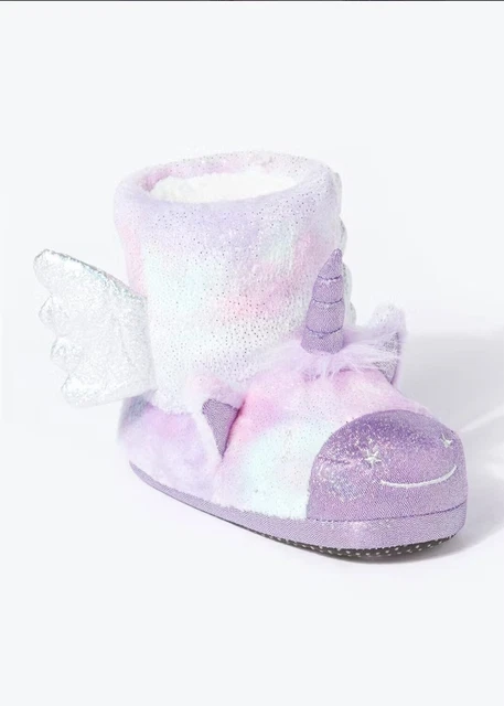 🦄 Kids Girls Purple 3D Novelty Unicorn Slipper / Snuggle Boots (Younger Size 4)
