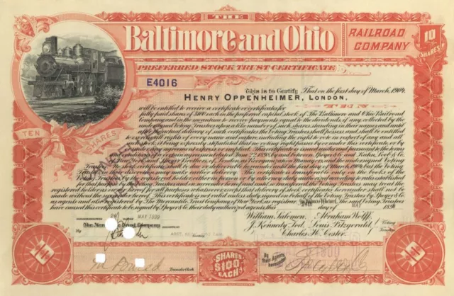 Henry Oppenheimer signed Baltimore & Ohio Railroad - Issued to & Signed at Back