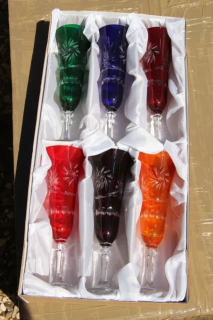 Set 6 Bohemia czech crystal glass champagne long  glasses  original boxed 60s 2