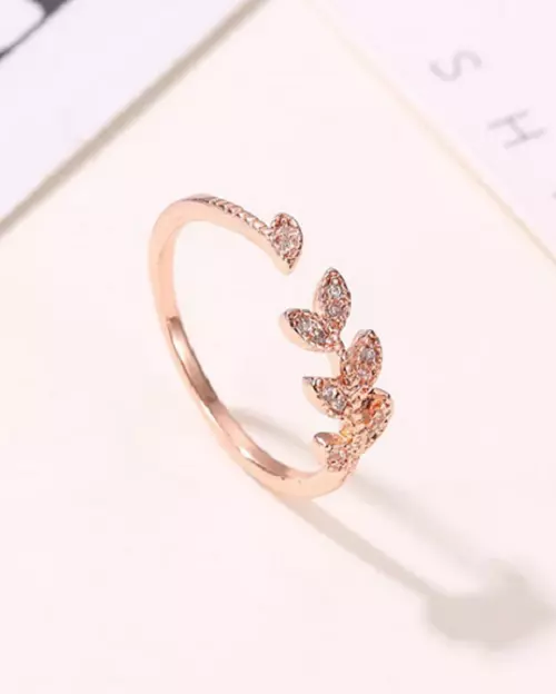 Pretty Fancy Leaf Design With Genuine Cubic Zirconia In 10K Rose Gold Women Band