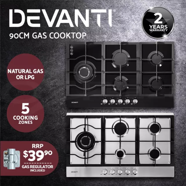 Devanti Gas Cooktop 90cm 5 Burner Glass Steel Stove Hob Cooker Kitchen NG LPG