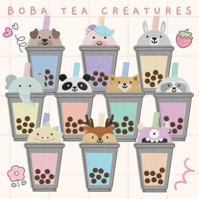 Diseños de máquina de bordar animales de té Boba, paquete de 10 [Descargar]
