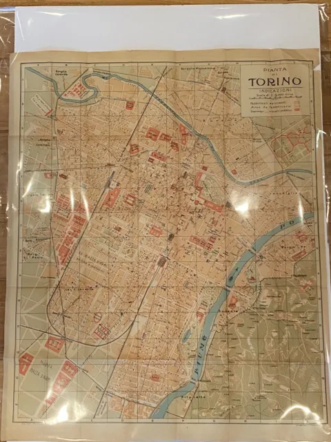 1909 ANTIQUE COLOR CITY MAP PLAN  of  TORINO, ITALY ~ Authentic  Baedeker