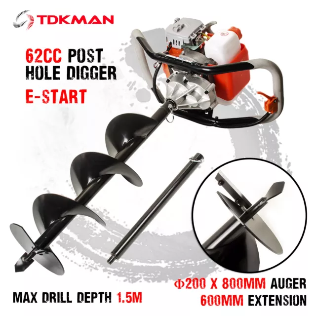 New TDKMAN 62cc Petrol Post Hole Digger Earth Auger 200mm Drill Fence Borer Bits