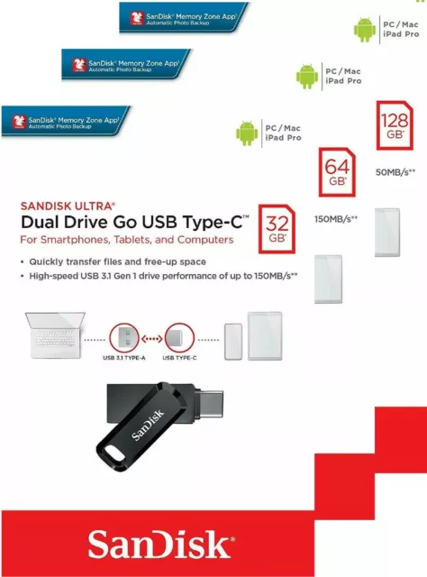 SanDisk 32GB 64GB 128GB Ultra Dual Drive Go USB Type-C Flash Drive