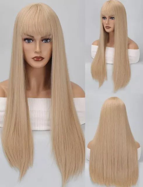 Perruque Longue Femme Blonde Doré Clair Cheveux Synthétique Wig Lisses A Frange