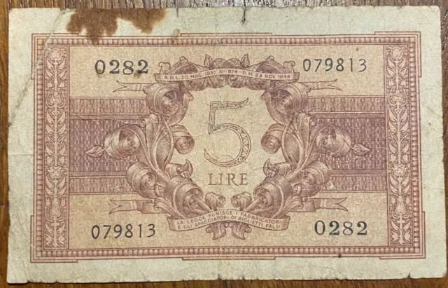 Italie Billet De 5 Lires 1944 Circulé (Bill 151) Voir Photos