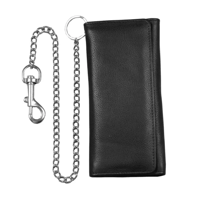 Genuine Black Cowhide Leather Chain Wallet, Trifold Long Chain Motorcycle Biker 2