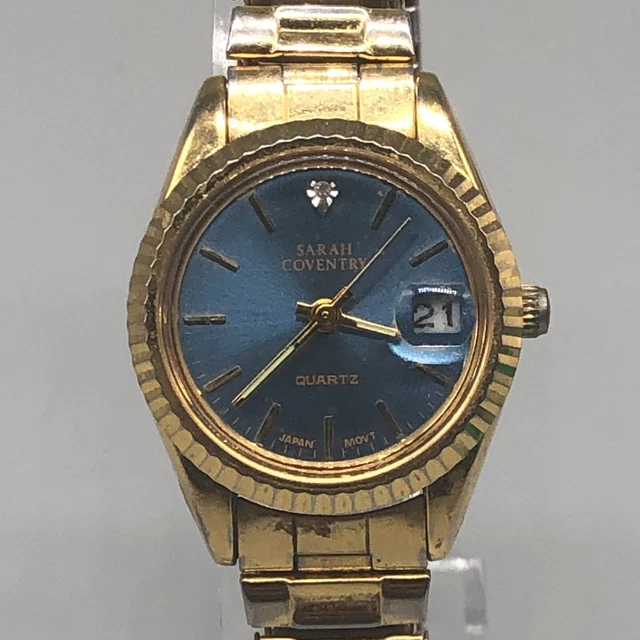 Sarah Coventry Watch Womens Gold Case Blue Dial Cyclops Lens Stretch Band 6.25"