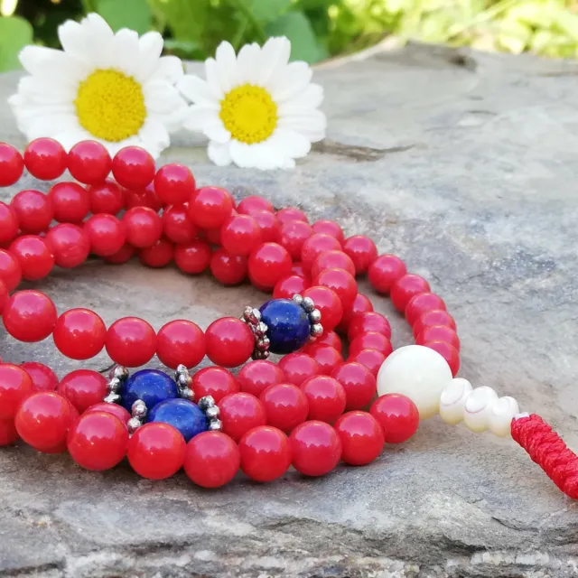 Collier Mala Corail Lapis Lazuli Perles 108 Bouddhisme Buddha Gourou Stupa Rouge