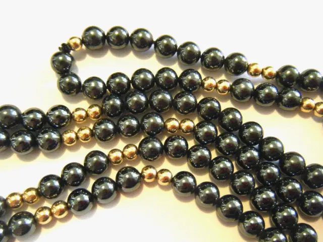 37" Vintage 3mm 14K Yellow Gold & 5mm Hematite Ironstone Beaded Necklace