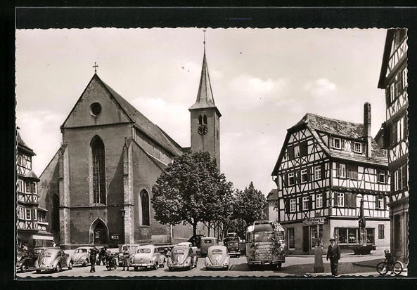 AK Mosbach i. bad. Neckartal, Marktplatz mit evang. Kirche und Straßenpartie