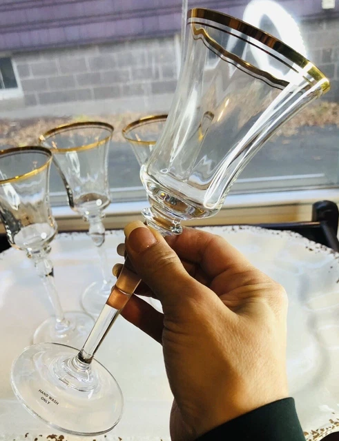 Mikasa Jamestown Gold Trim Wine Glass Wafer Stem 8.75" Crystal Set of 4 Mint!
