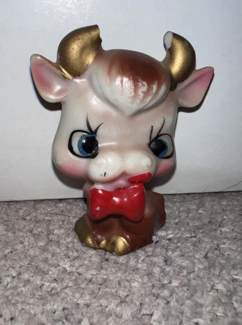 Vintage Arnart flat faced Bull cow Red bow Kitsch big eyes Horns Broke 2” Tall