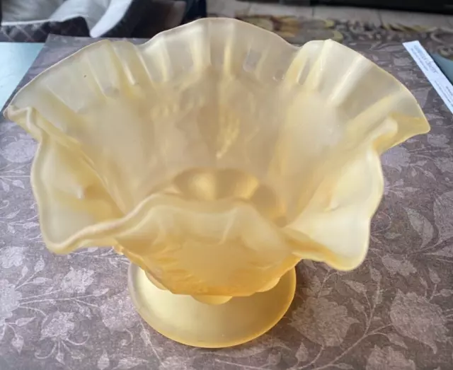 Westmoreland Yellow Satin Glass Ruffled Fluted Edge Grape & Leaves Bowl