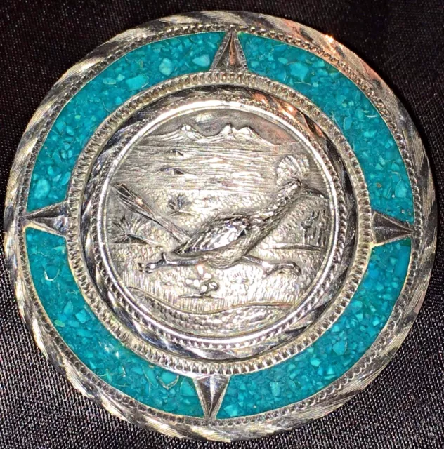 Sterling Silver Turquoise Bird Landscape Scene Brooch Pendant Roadrunner Pin