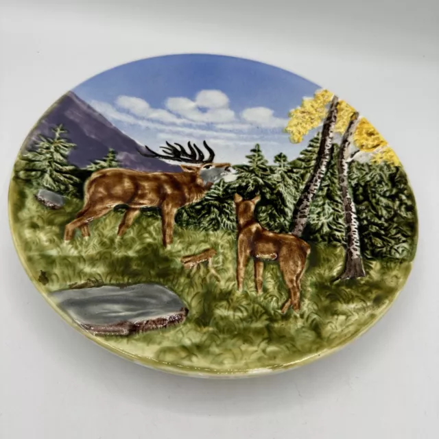 Schramberg Germany Majolica Deer Hand Painted Raised Impressions 9 1/2” Plate