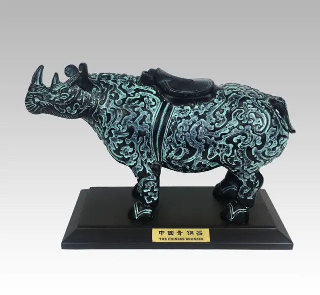 Chinese Bronze Copper Statue Hand Carved Rhinoceros Figurines Wood Base犀牛80074