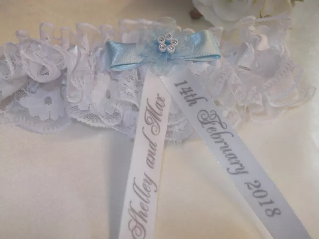 Personalised White Brides Wedding Garter With 'Something Blue'