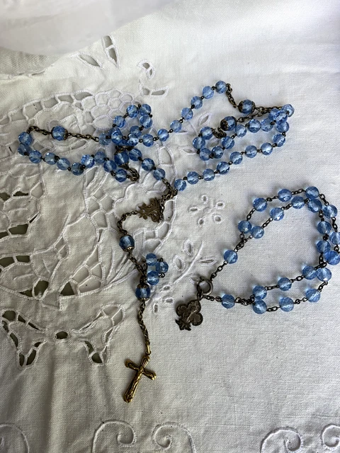 Petit chapelet bleu antique croix en métal petites perles christianisme - France