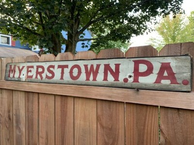 EARLY 1900s MYERSTOWN PA PENNA CANVAS OVER WOOD TRADE TOWN VILLAGE SIGN 46