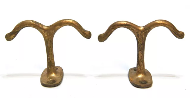 2 Vintage Brass Undermount Coat Or Hat Double Prong Hooks