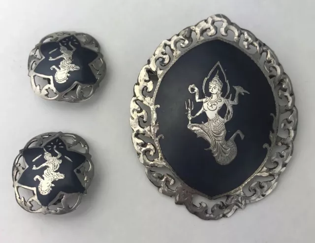 Siam 925 Sterling Silver Pin Brooch And Clip Earring Set Black Enamel Dancer