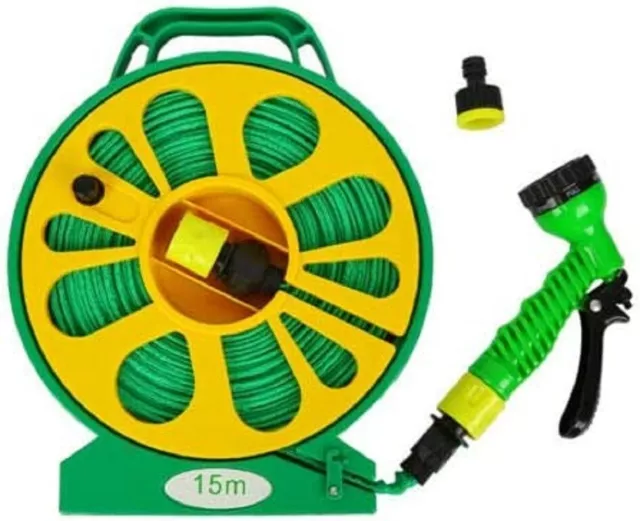 50 Feet 15 Meter Flat Hose Pipe Reel With Water Nozzle Gun Spray Garden Watering