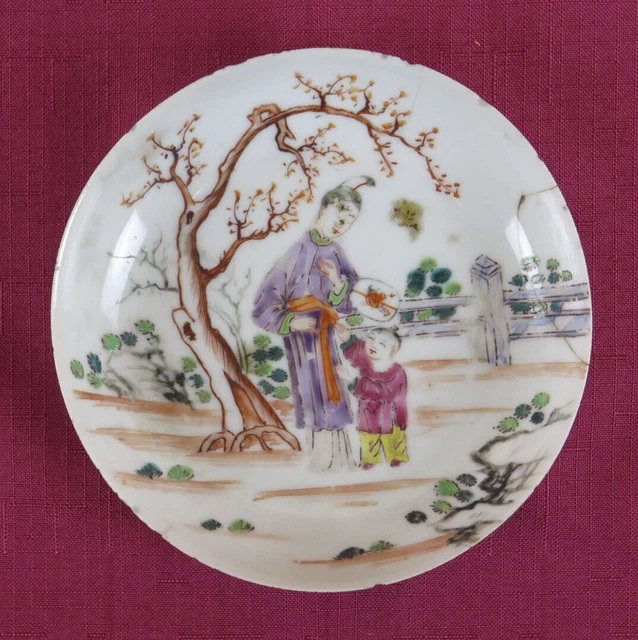 Broche Ancienne En Porcelaine Peinte Chinoise - Métal Doré - Occasion Vintage