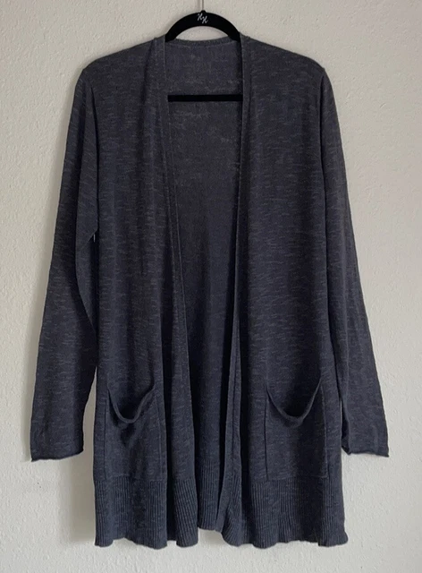 Eileen Fisher Gray Organic Linen/Cotton Slub Knit Open Cardigan Sz L